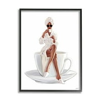 Modna žena jutarnja kava grafika u crnom okviru zidni ispis dizajn