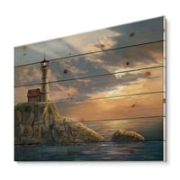 DesignArt 'Svjetionik na stjenovitoj obalnoj litici u Večernjem svjetlu' nautički i obalni tisak na prirodnom borovom