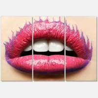 Dizajnerska umjetnost usne lijepe žene s ružičastim ružem moderni zidni ispis na platnu