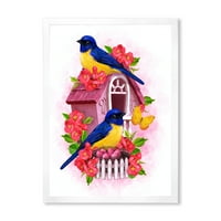 DesignArt 'dvije žute i plave ptice tit koji sjede u blizini gnijezda' tradicionalni uokvireni umjetnički tisak
