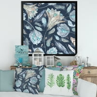 DesignArt 'mornarsko plavi botanički uzorak s perjaćim tradicionalnim uokvirenim umjetničkim printom