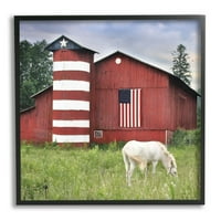 Stupell Industries ispaši bijeli konji crvena američka staja zastava slika crno uokvirena umjetnička tiskana zidna